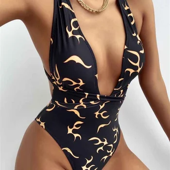 2023 Bikiinid Uus Seksikas One-piece Naiste Ujumisriided Trükitud Leek Muster Backless Rihm Ujumistrikoo Push Up Cup Beachwear