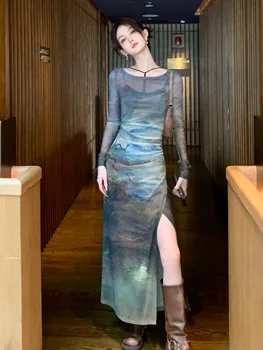 Coigarsam Naiste Mood Prindi Bodycon Midi Kleit Kevadel, Sügisel Uus Pikkade varrukatega Streetwear Rüü Naine korea Riided