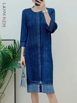 LANMREM Vintage Tutt Plisseeritud Kleit Naiste ümber Kaela Kolme Kvartali Varrukad Sinised Kleidid Moe 2023 Sügisel Uus 2AA1884