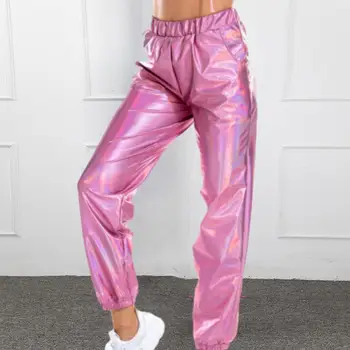 Läikiv Laser Püksid Naiste Püksid Kõrge Vöökoht Läikiv Elastne Vöökoht Pahkluu-banded Slim Fit Clubwear Staadiumis täitmiseks Haaremi Püksid