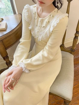 Magus Vintage Kudumise Naiste Kleit Pitsist Elegantne Midi Haldjas Kleit Lady 2023 Aasta Sügisel Vabaaja Korea Stiilis Õhtu Poole Kleit