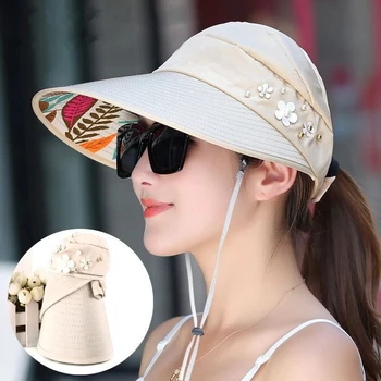 Mood Lai Nokk Visiir Mütsid Suvel Anti-uv Lill Tühi Top Päike Mütsid Naised, Daamid Mood päikesekaitse Pearl Beach Müts
