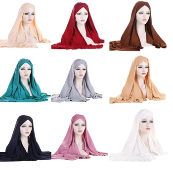 Moslemi Hijab Sall, Müts Naiste Pikk Tahked Värvi, Plisseeritud Pea Murdmine Naiste Müts Turban Daamid Moslemi Loor Risti Jersey Mütsid