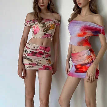 Naiste Trükitud Kaks rõivakomplekti Seksikas Off-õla Lühikeste varrukatega T-särk + Mini Seelik 2023 Suvel Uus Streetwear