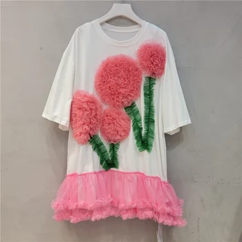 Naiste Võrgusilma, 3D Lilled Ruffles T-särgid Kleit O-Kaeluse Marli Segast Tees Kleidid Suvel Džemprid Plisseeritud Serv Tshirts Vestidos