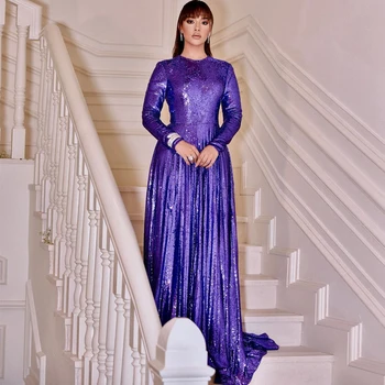 O-kaelus Pikk Varrukas Sirge Naine Riideid Litrid Sädelevat Purple Prom Kleit Custom Made Värv õhtukleidid Rongiga Pluss