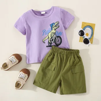 Poiss Beebi Riided Leibkonna Mood Väljaspool Lilla Dinosaurus Bike Print T-särk ja rohelised lühikesed püksid komplekt