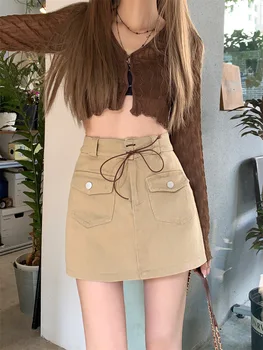 Slim Lühike Lasti Seelik Naiste Pingutusnöör Kõrge Vöökoht Mini Seelikud Naine korea Y2K Streetwear Taskud-Line Seelikud De Mujer 2023