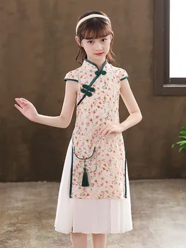 Suvel Tüdrukud Hiina Stiilis Šampanja Flower Print Kleidid Moe Vabaaja Rõivad Varustus