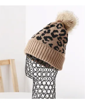 Talvine naiste paks soe beanie ühise põllumajanduspoliitika Leopard trükitud Pehme vill Skullies müts pom pom Disainer kootud müts gorros