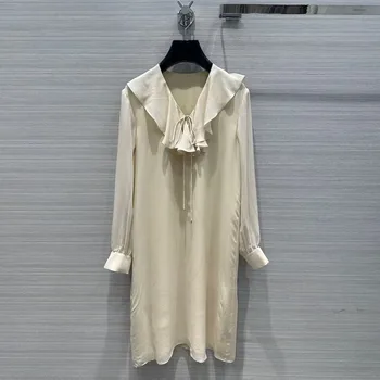 Uus Kevad-Sügis 100% Siidist Kleit Naiste Ruffles Segast V-kaelus Pikk Varrukas Magus Elegantne Otse Midi Kleidid