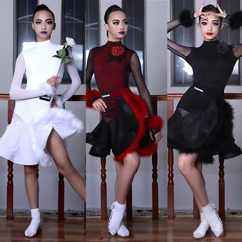 Uus ladina Tantsu Kleit Tüdrukud Sulg Lill Pikkade Varrukatega Praktika Näitavad Riided Rumba Tantsusaal Tantsu Konkurentsi Kleit DNV18365