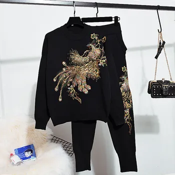 YUZACDWX 2023 Sügisel Uus koo Kampsun Naiste Komplekt Fashion Tikandid Pullover Tops+Vabaaja Püksid Daamid 2 Töö Riided mustad Talve